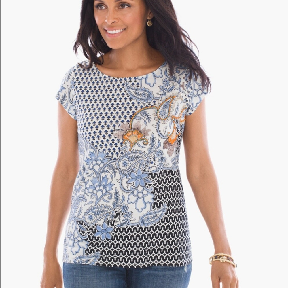 Chico's Women's Size 0 Top Short Sleeve Embellished Sequins Cotton Modal Blue